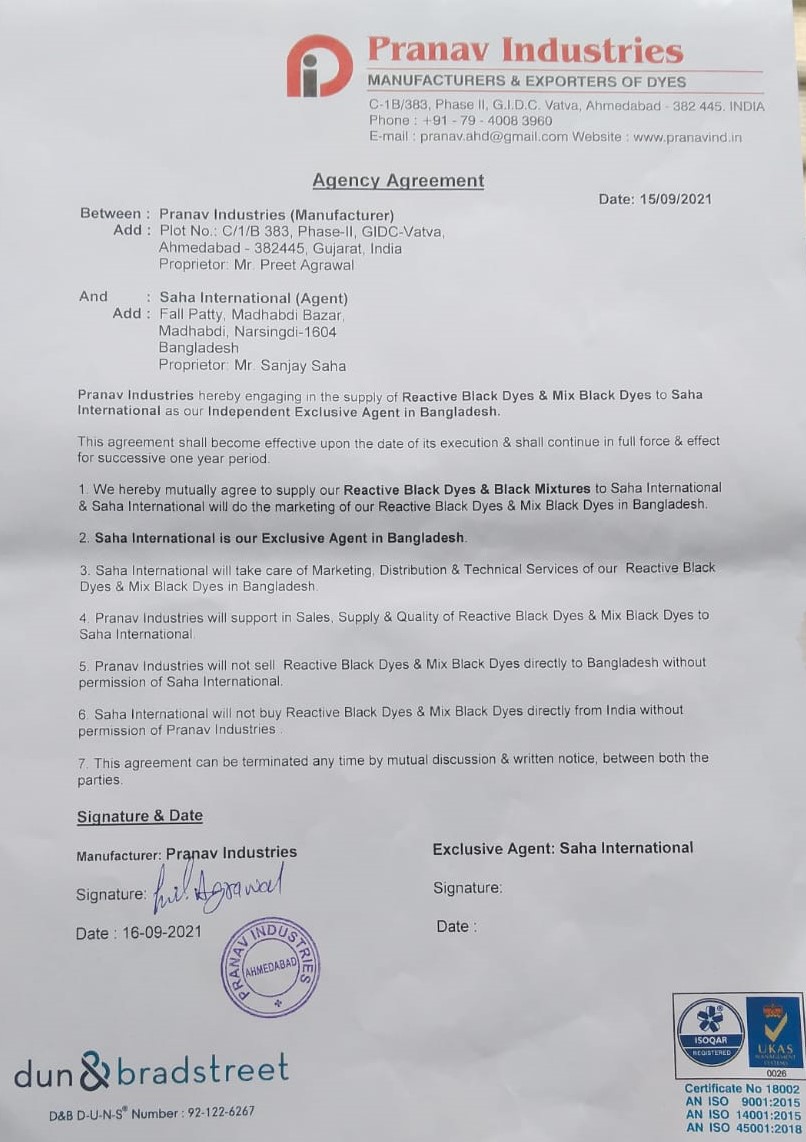 Agreement of Pranav Industries